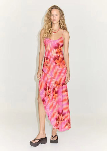 Backless Bandage Slit Printing Dress Printing Slip Dress