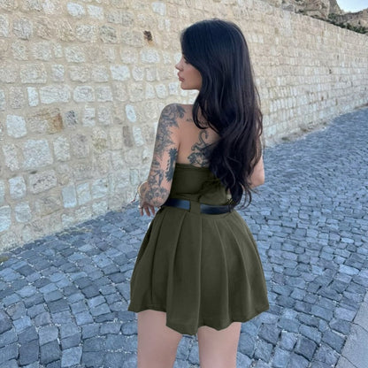 Bandeau One Shoulder Waist Trimming Solid Color Dress No Belt