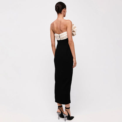 Black White Folding Fan Shape Strapless Dress Backless