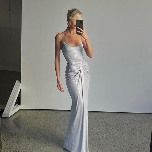 Adult Lady like Woman Crumpled Twisted Tight Waist Tall Slim Long Sling Dress