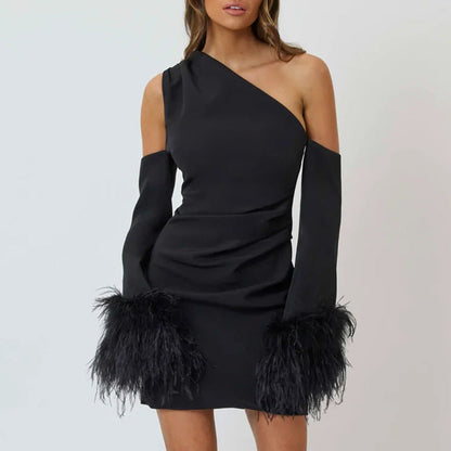 Arrival Slim Fit Dress One Shoulder Design Stitching Horn Furry Sleeves Short Dress