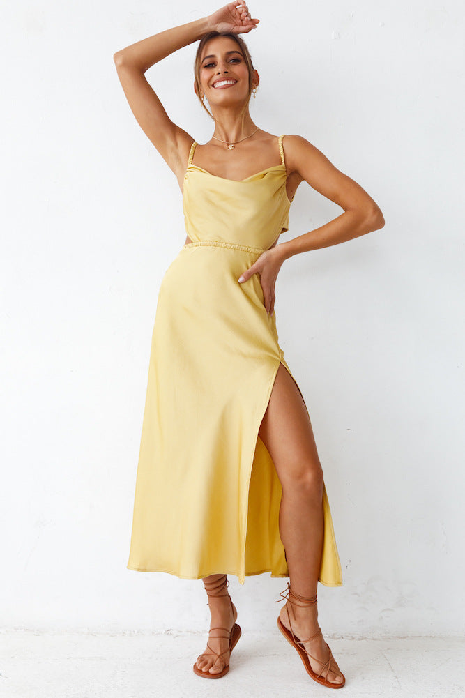 Backless Office Slit Hemline at Hem Double Strap Dress