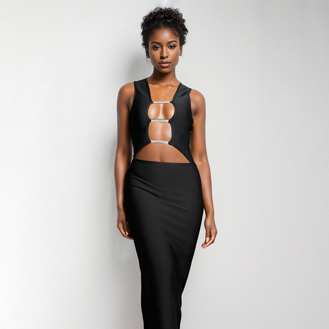 Black Cutout Nightclub Party Dress Lace up Design Slim Fit