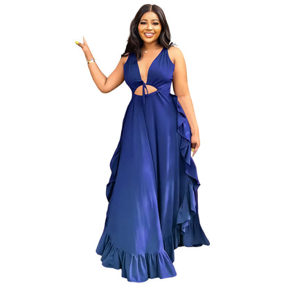 Backless Elegant Ruffle High Waist Crop Top Spaghetti Strap Dress
