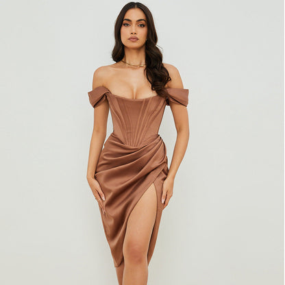 Bodycon Party Card Shoulder Tube Top Slim Fit Slit Solid Color Dress