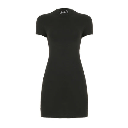 Basic Casual Half Turtleneck Rhinestone Short Sleeve Dress Solid Color Slim Fit Hip Wrapped Short Dress Summer