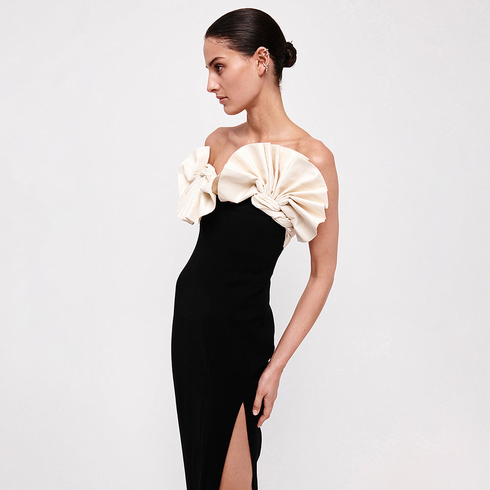 Black White Folding Fan Shape Strapless Dress Backless