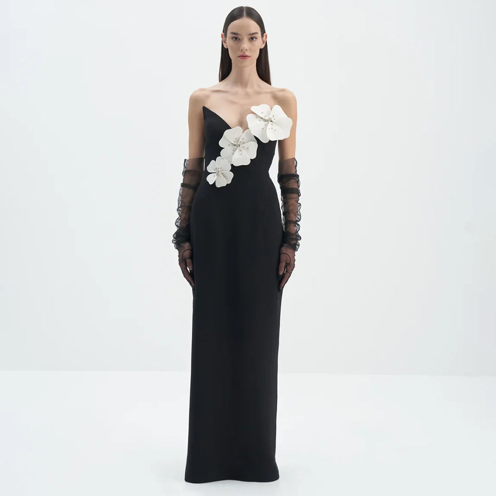 Black Tube Top Dress Floral Diamond Core Split off-Shoulder Design