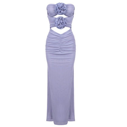 Blue Purple Mesh Elegant Three Dimensional Floral Evening Dress Strapless Dress