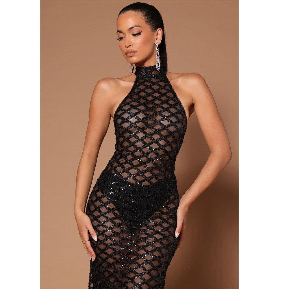 Backless Nightclub Party Formal Dress Rhinestone Sequined Transparent Dress