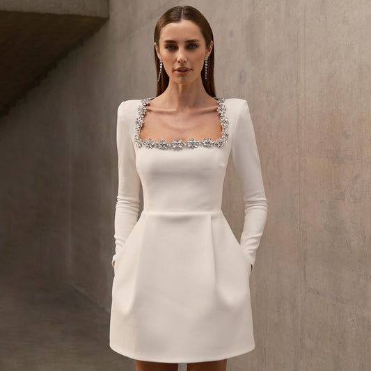 Bead Long Sleeve Stretch Dress A line