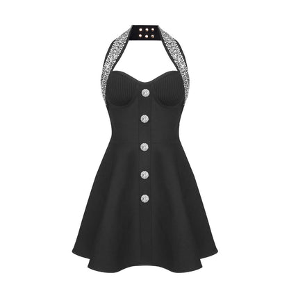Black Sleeveless Heavy Industry Beads A line Dress Bandage Dress Slim Dress