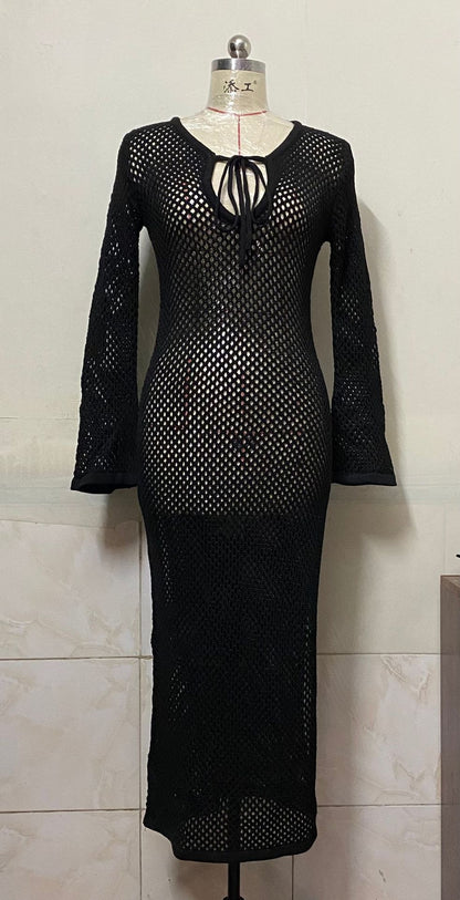 Beach Sun Protection Dress Knitted Hollow Out Cutout out See-through Seaside Vacation