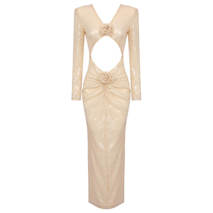 Apricot Long Sleeve Three Dimensional Floral Beaded Dress