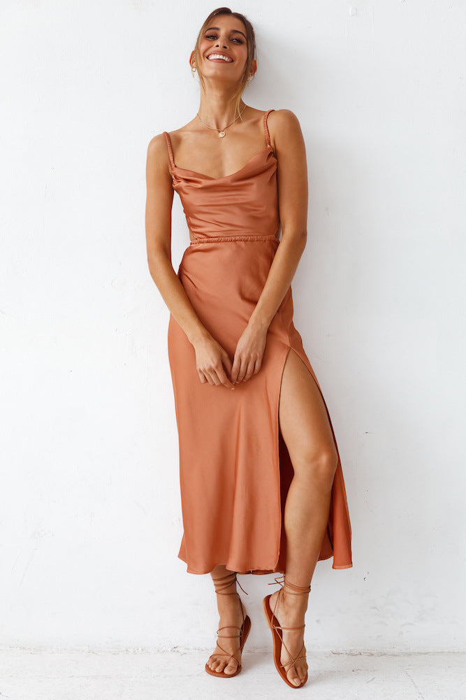 Backless Office Slit Hemline at Hem Double Strap Dress