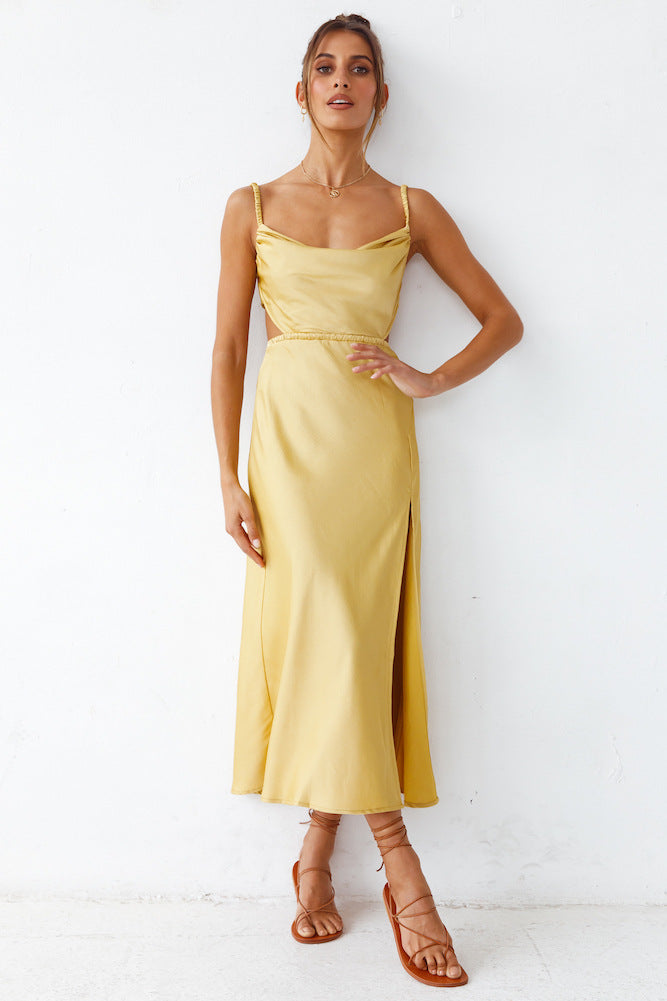 Backless Office Slit Hemline at Hem Double Strap Dress