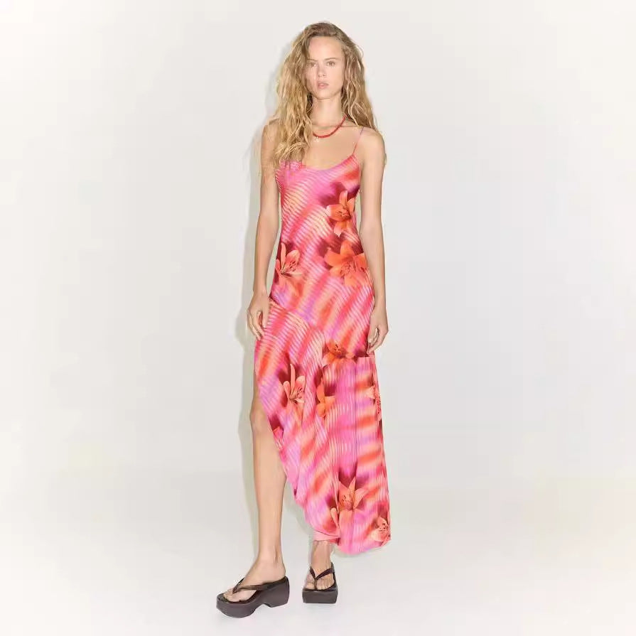Backless Bandage Slit Printing Dress Printing Slip Dress