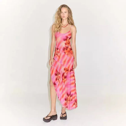 Backless Bandage Slit Printing Dress Printing Slip Dress