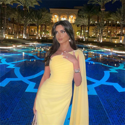 Baby Yellow Chiffon Mermaid One-shoulder Prom Dress
