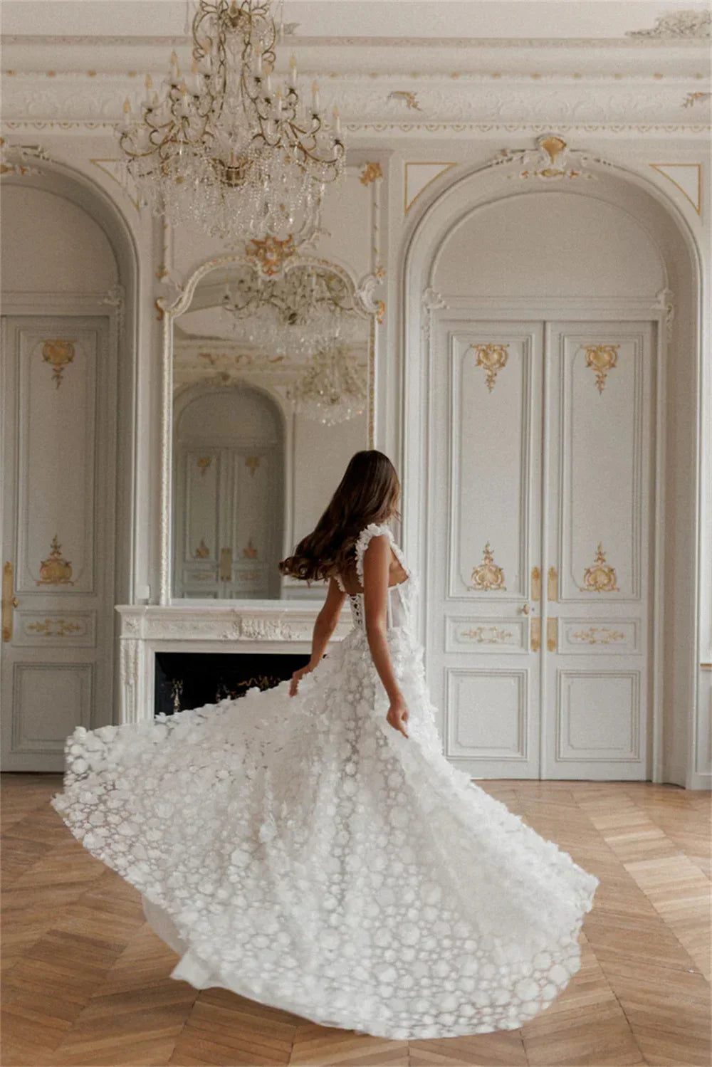 3D Flower Lace-up Back Side High Split Evening Dress
