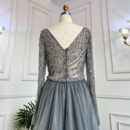 Blue Mermaid Beaded Long Sleeves Evening Gown