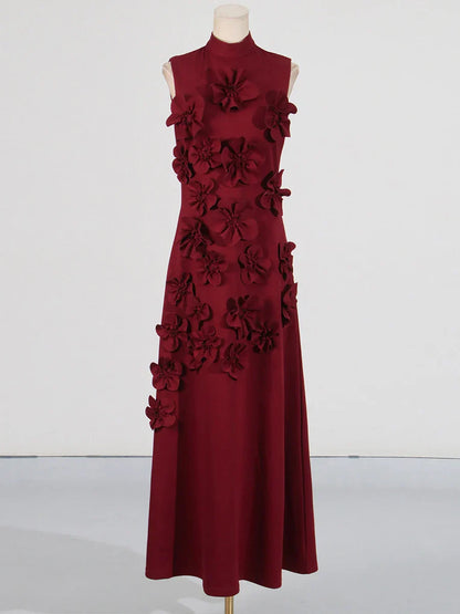 3D Flower Appliqué Mock Neck Midi Dress