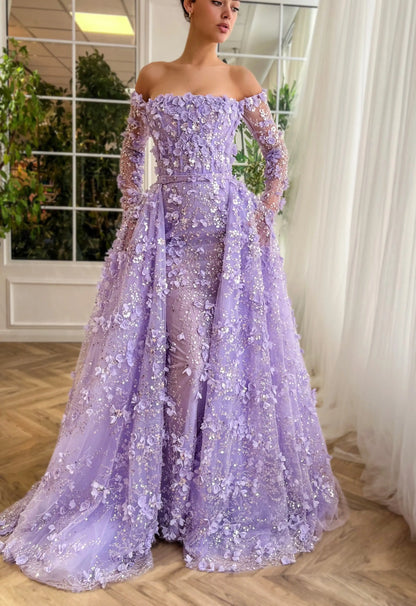3D Floral Pink Evening Gown with Overskirt