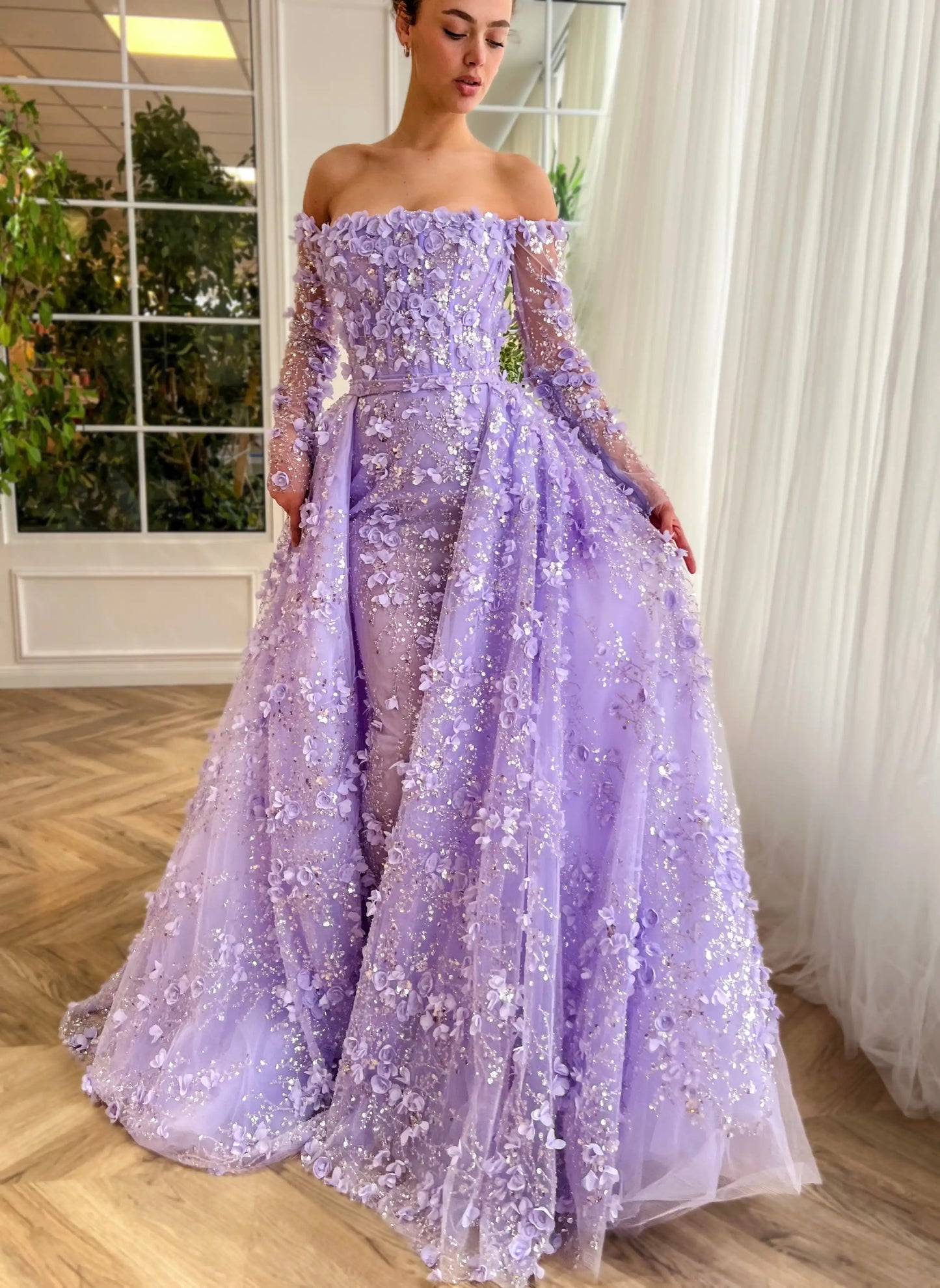 3D Floral Pink Evening Gown with Overskirt