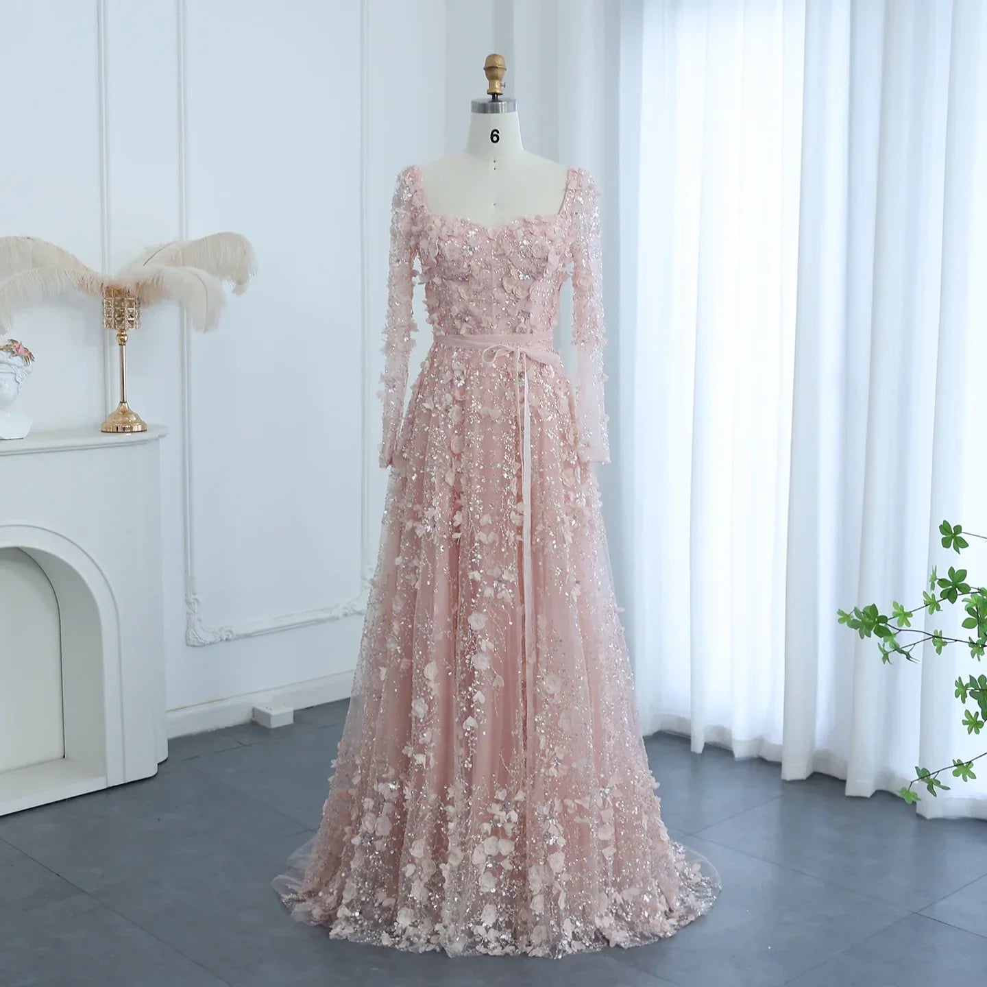 3D Floral A-Line Evening Gown Long Sleeves