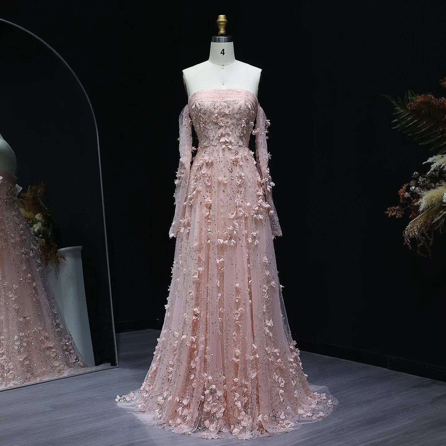 3D Flowers Strapless Evening Dress with Long Sleeves