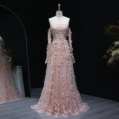 3D Flowers Strapless Evening Dress with Long Sleeves