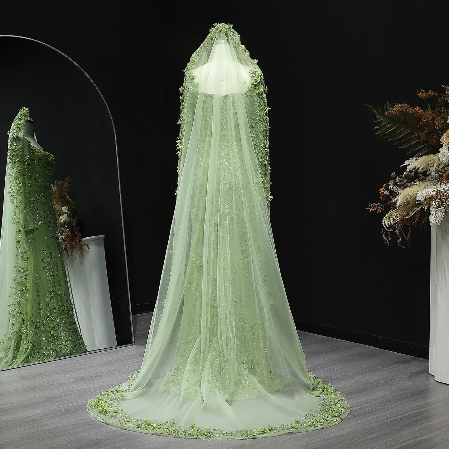 3D Floral Mermaid Evening Dress with Long Sheer Sleeves