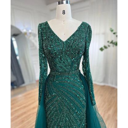 Blue Mermaid Beaded Long Sleeves Evening Gown