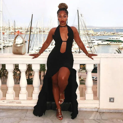 Black Deep Neck Open Back  Ruffled Maxi Dress