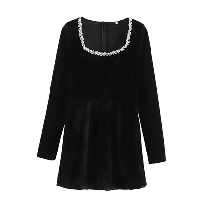 Black Rhinestone Velvet Mini Dress