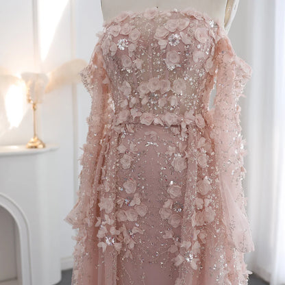3D Flowers Evening Dress with Overskirt Long Sleeves