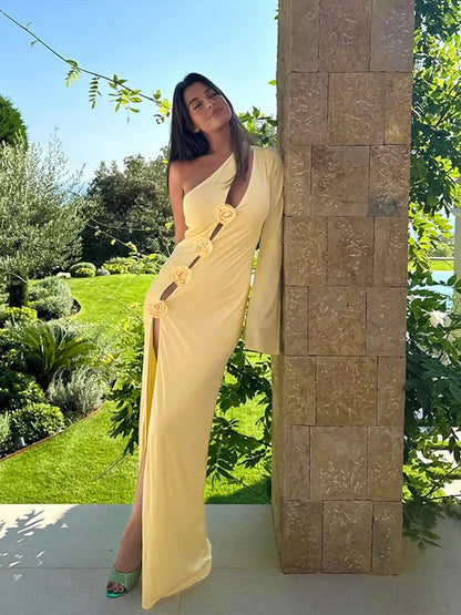 3D Flower Skew-collar Hollow Out Side Split Dress