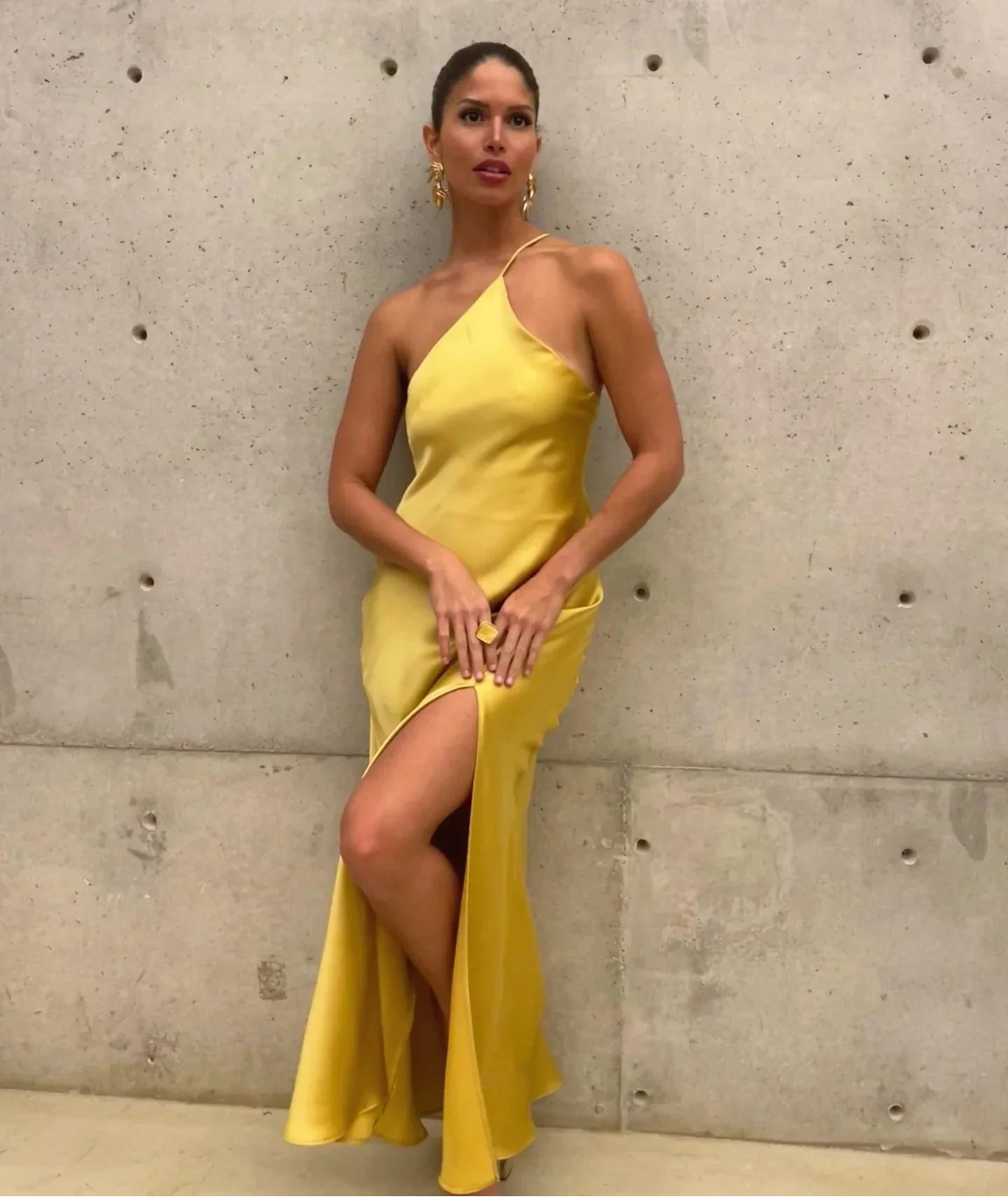 Backless Satin Slant Shoulder Solid Slit Long Dress