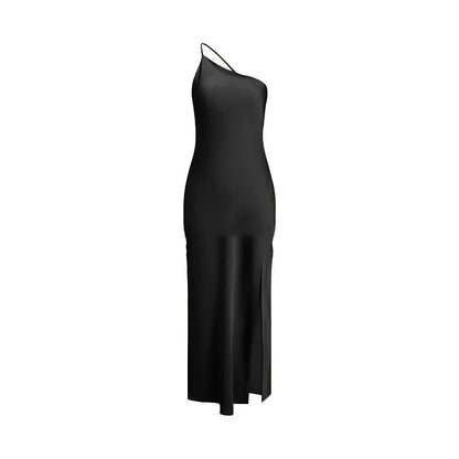 Backless Satin Slant Shoulder Solid Slit Long Dress