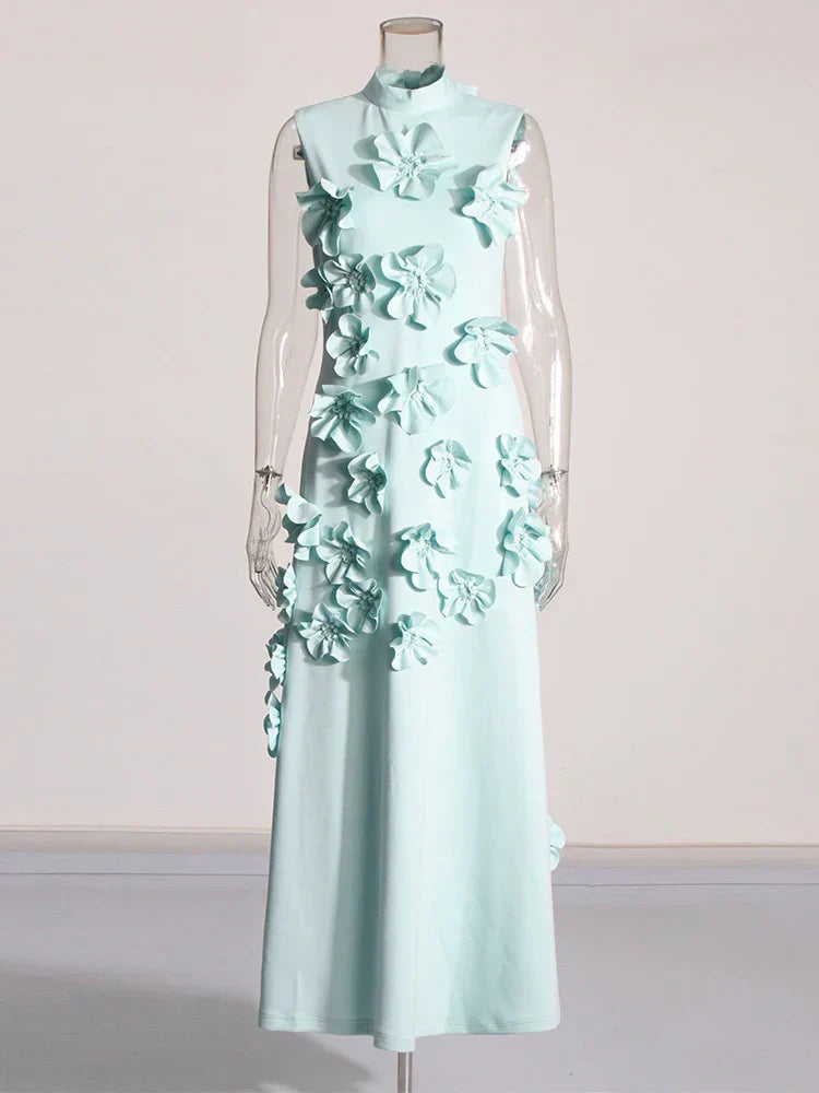 3D Flower Appliqué Mock Neck Midi Dress