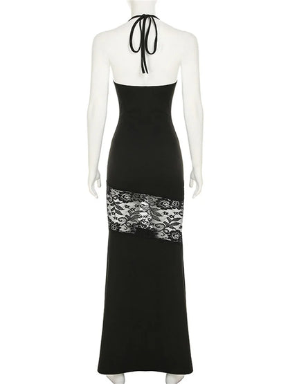 Black Printed Lace-Up Hollow Out Dress