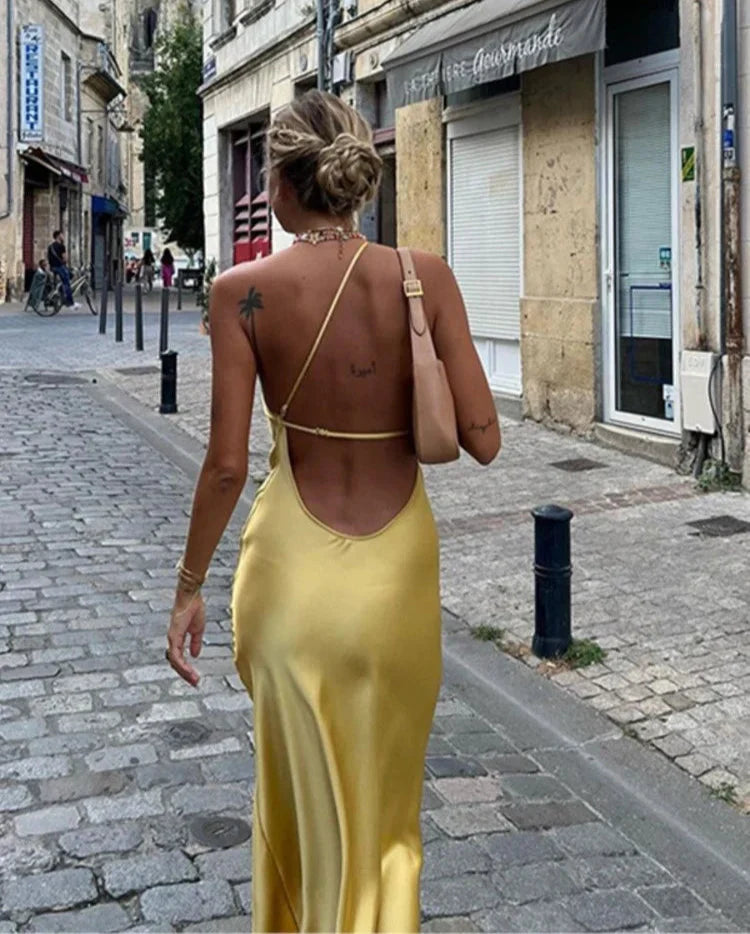 Backless Satin Slant Shoulder Solid Slit Long Dress