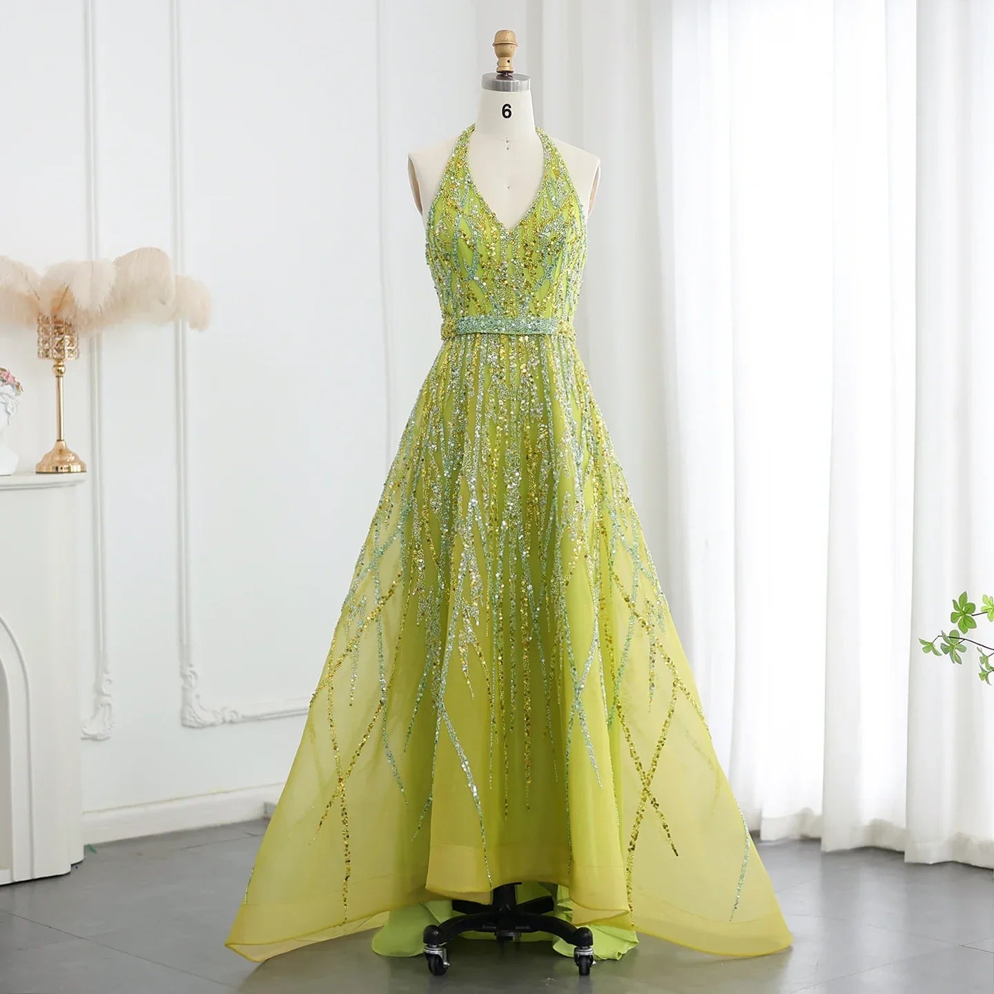 Beaded Halter A-Line Tulle Evening Dresses