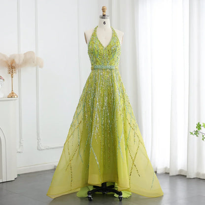 Beaded Halter A-Line Tulle Evening Dresses
