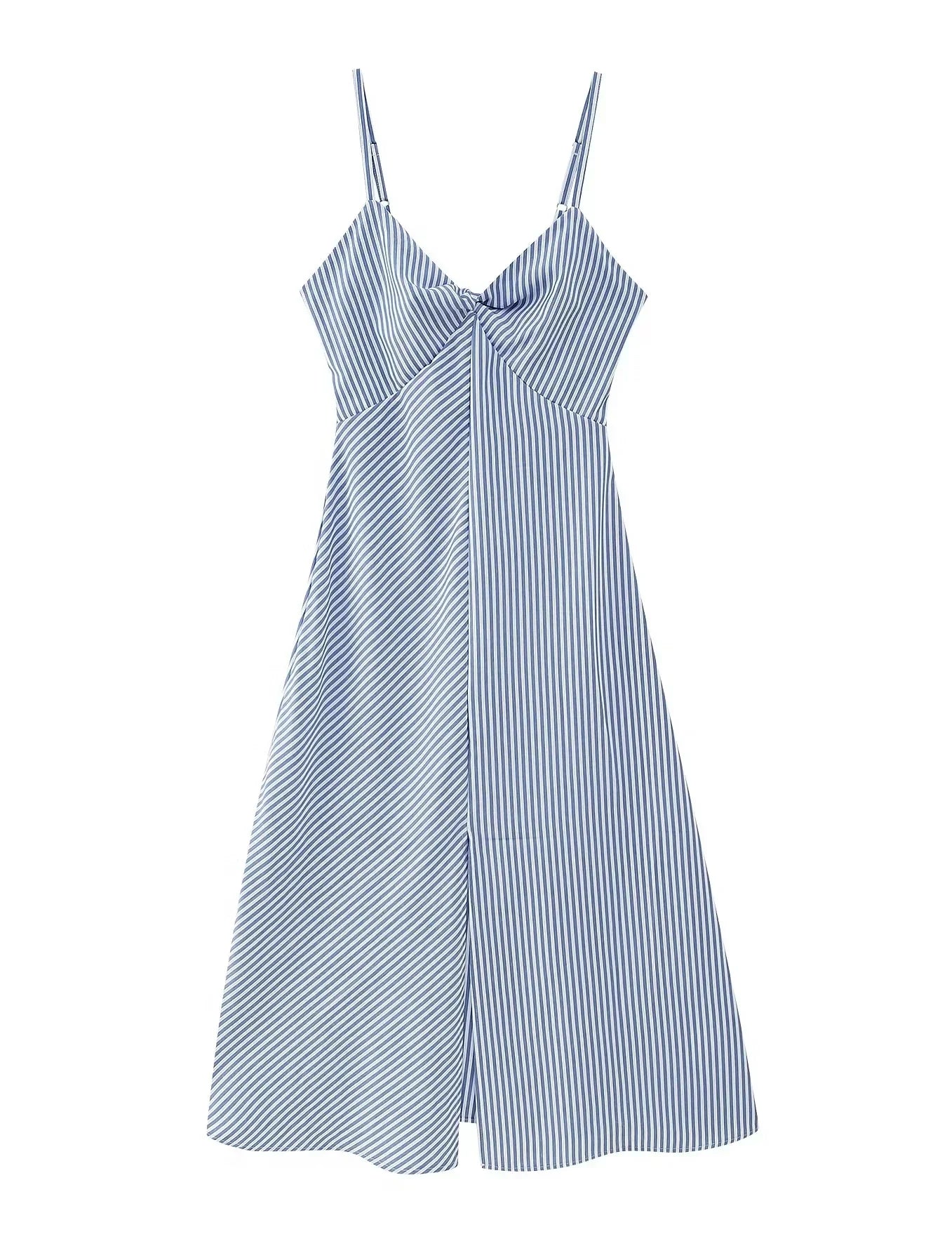Back Zip Blue Striped Spaghetti Strap Midi Dress