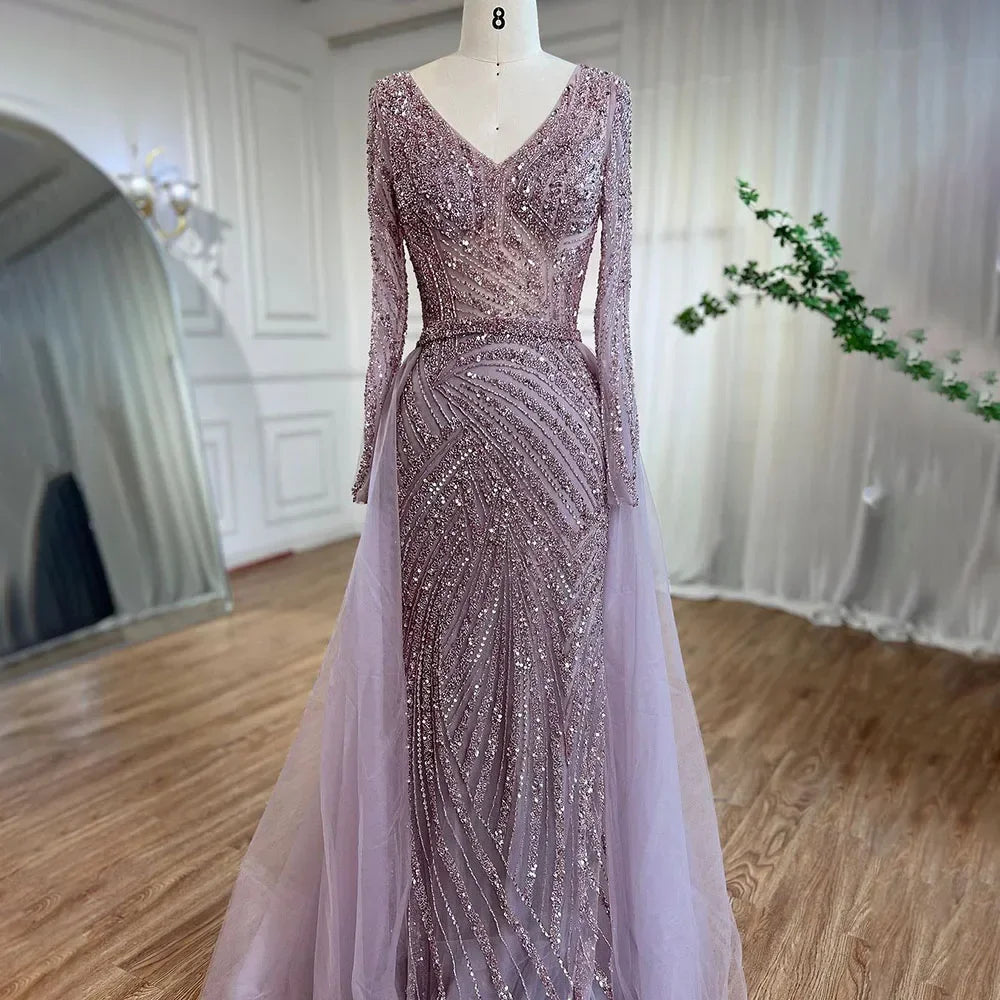 Blue Mermaid Beaded Long Sleeves Evening Gown