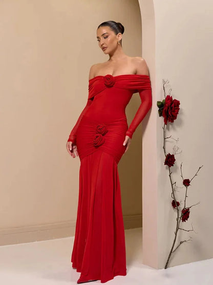 3D Flower-appliqué Mesh Long Sleeve Fishtail Maxi Dress