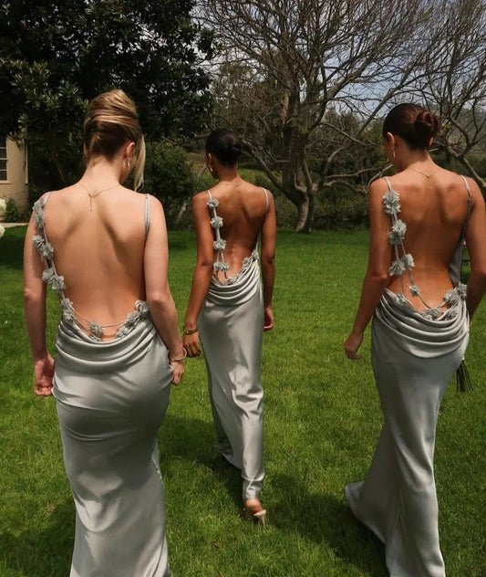 3D Flower Draped Open Back Maxi Dress