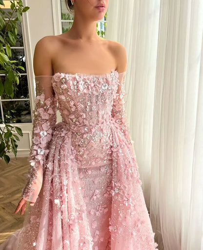 3D Floral Pink Evening Gown with Overskirt