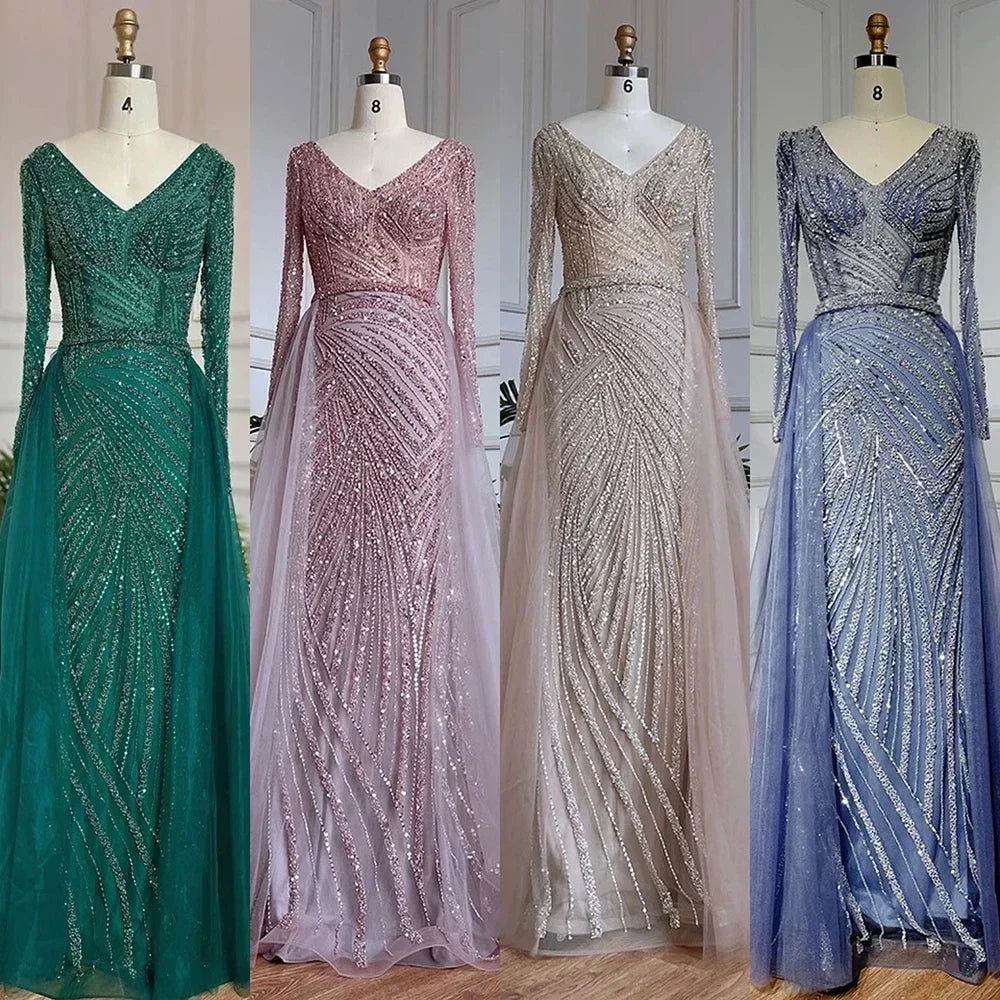 Blue Mermaid Beaded Long Sleeves Evening Gown